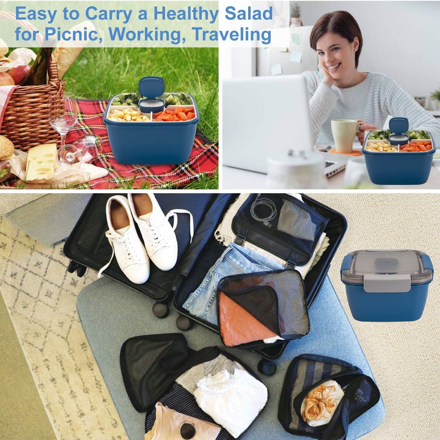 52-Oz Portable Salad Lunch Container with Three Compartments and Dressing Holder, Ideal for Toppings and Snacks, Suitable for Men and Women (Blue)