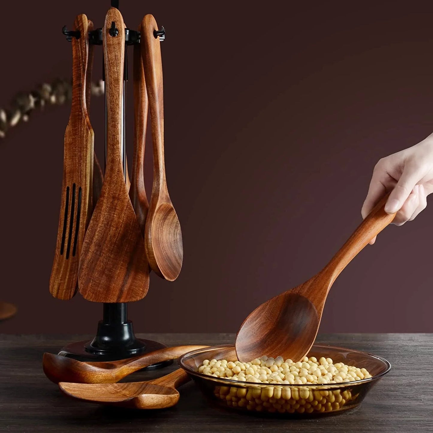 Professional Wooden Cooking Utensils Set - 12 Pack Natural Teak Spoons and Spatulas