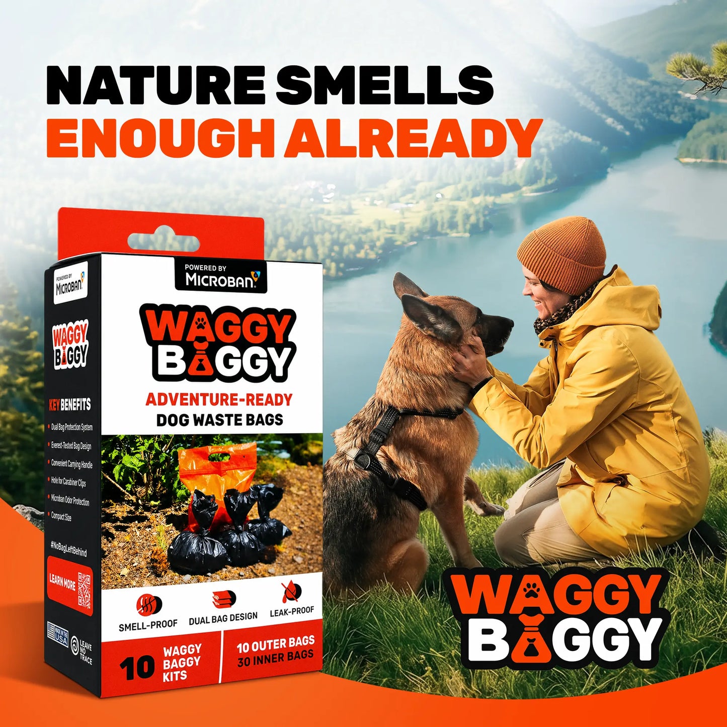 Cleanwaste Waggy Baggy Adventure-Ready Dog Waste Bags, Smell-Proof Dual Bag System with Convenient Carry Handle, 10 Count