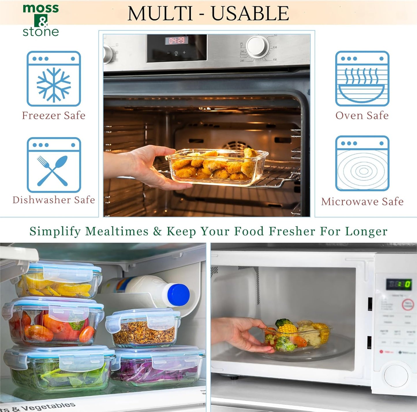 10-Piece Borosilicate Glass Meal Prep Container Set – Leak-Proof Snap-Lock Lids, Airtight & BPA-Free – Freezer, Microwave & Oven Safe (Glass Only) – Stackable and Nestable Food Storage Solution