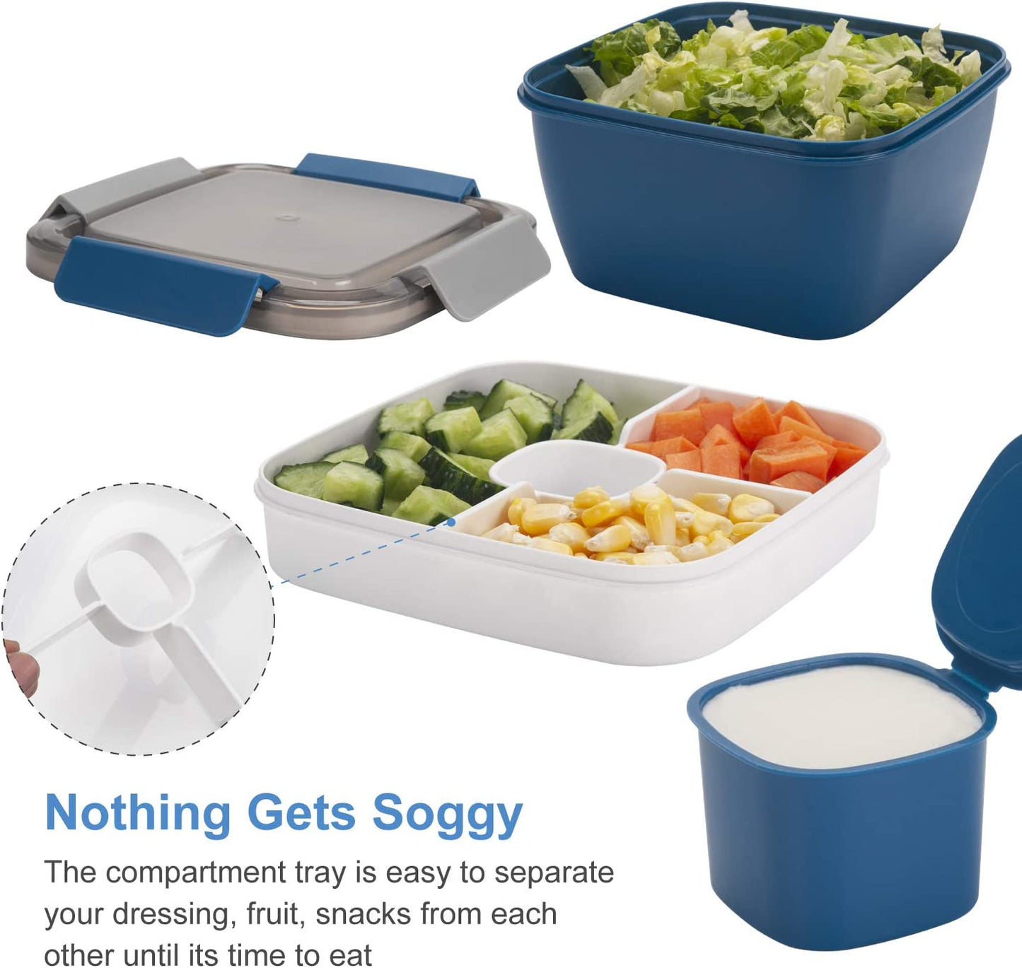 52-Oz Portable Salad Lunch Container with Three Compartments and Dressing Holder, Ideal for Toppings and Snacks, Suitable for Men and Women (Blue)
