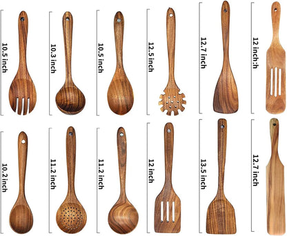 Professional Wooden Cooking Utensils Set - 12 Pack Natural Teak Spoons and Spatulas