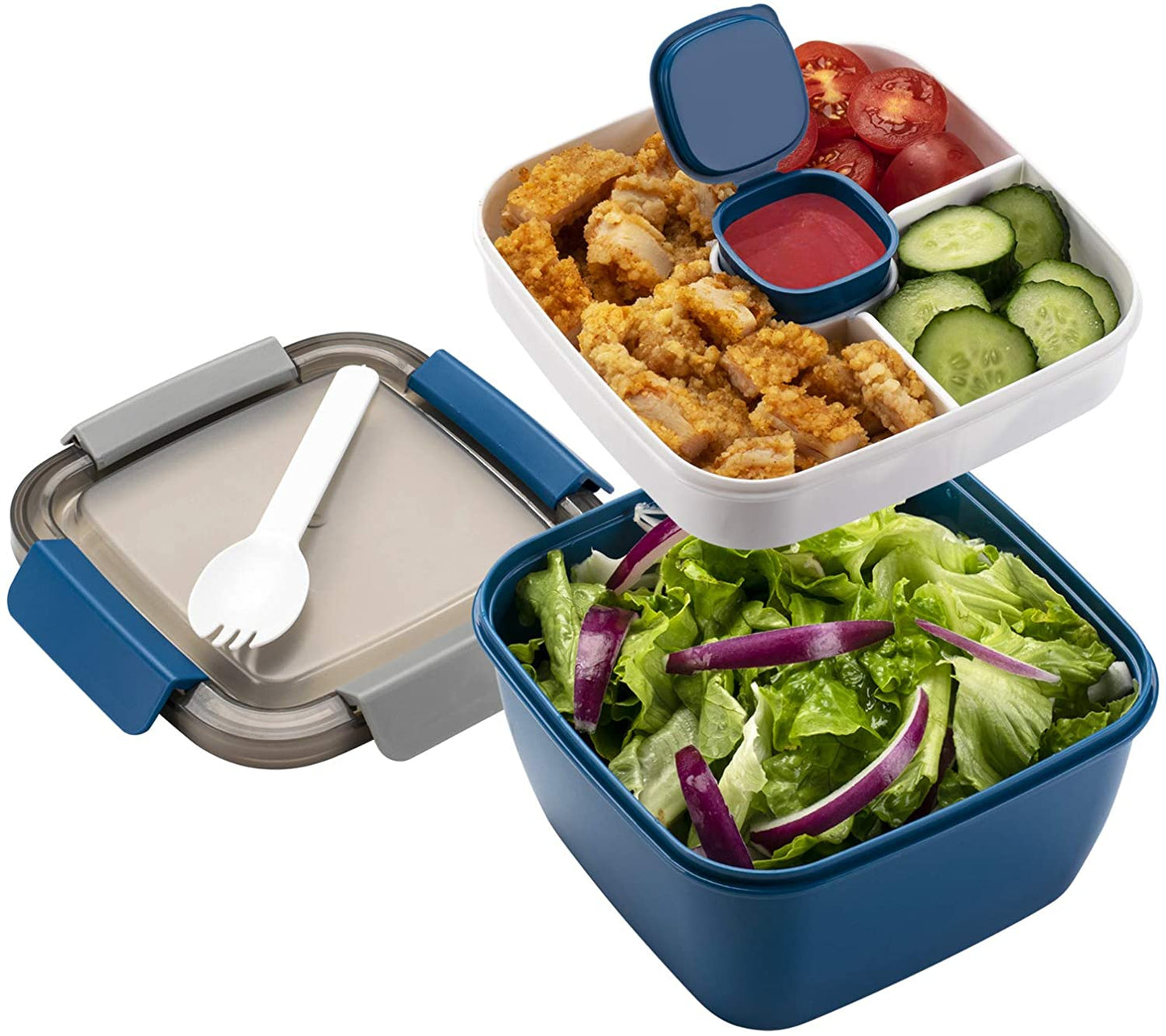 52-Oz Portable Salad Lunch Container with Three Compartments and Dressing Holder, Ideal for Toppings and Snacks, Suitable for Men and Women (Blue)