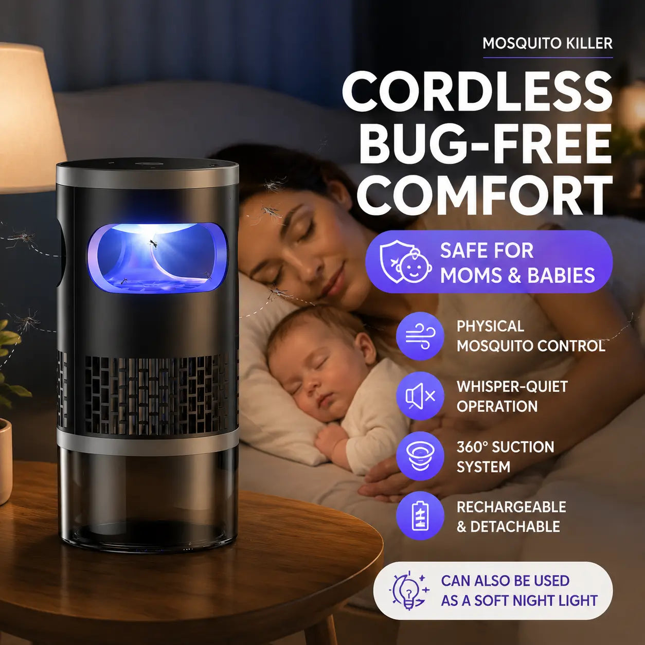 Indoor Insect Trap with Light and Suction Technology for Effective Mosquito, Fruit Fly, Gnat, and Moth Control in Residential Spaces