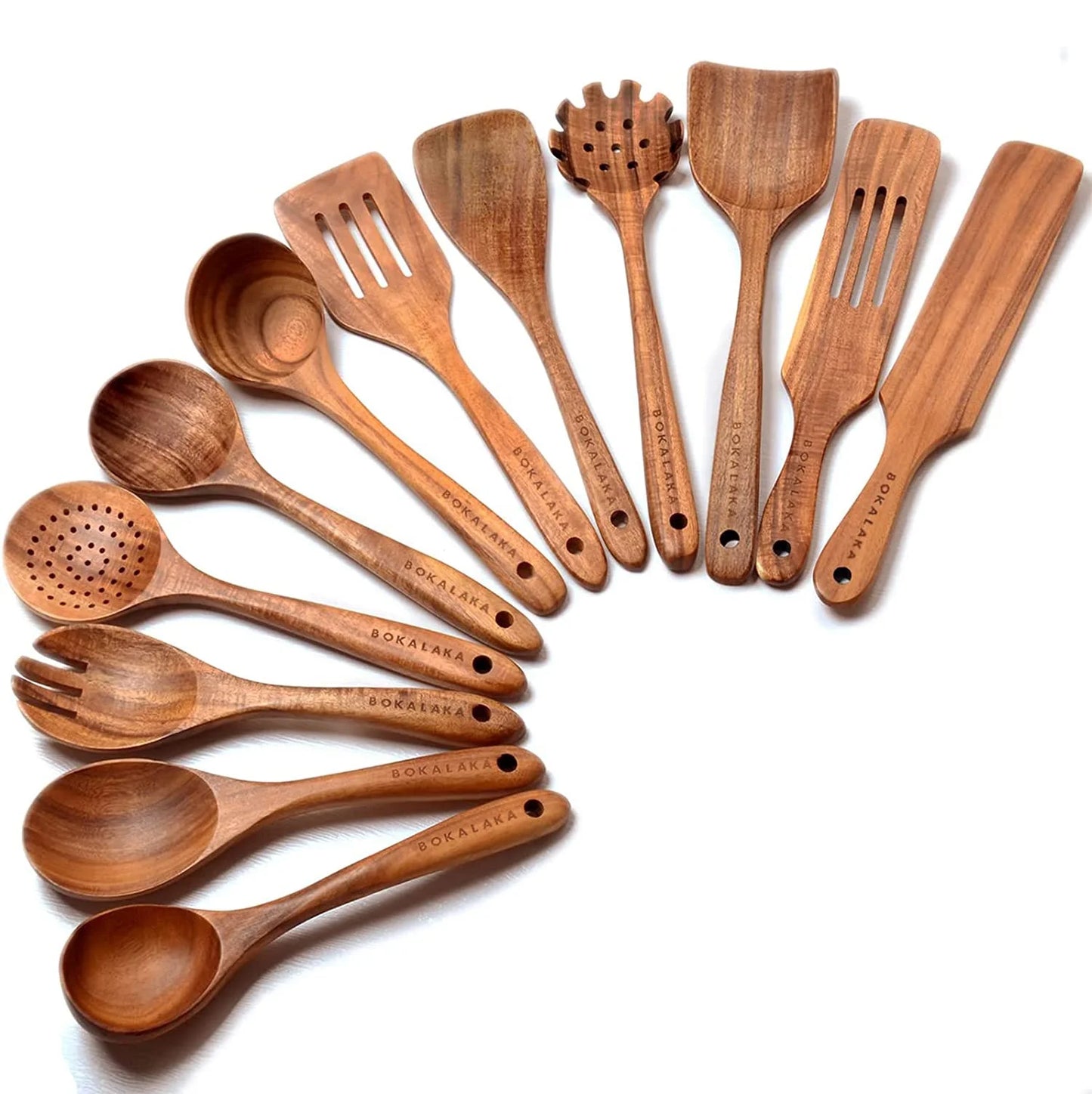 Professional Wooden Cooking Utensils Set - 12 Pack Natural Teak Spoons and Spatulas