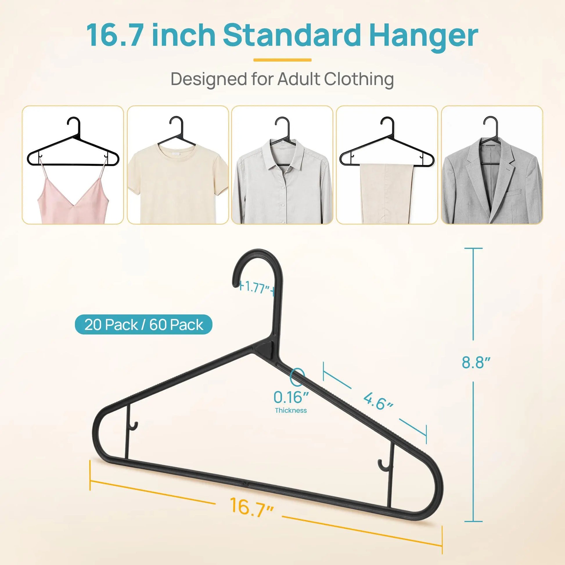 Vtopmart 60-Pack Stackfit Clothes Hangers - 16.7-Inch Non-Slip Slim Hangers for T-Shirts, Coats, Jackets, and Sweaters - Durable Space-Saving Closet Organizers - Mid-Year Sale
