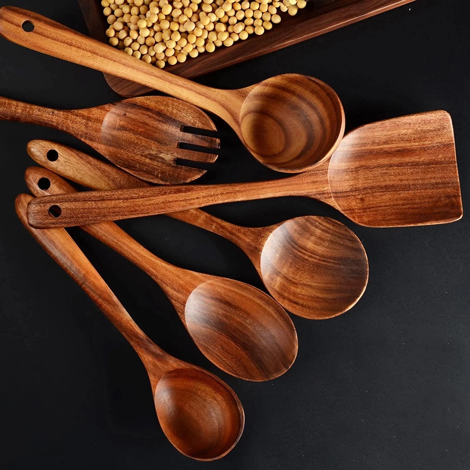 Professional Wooden Cooking Utensils Set - 12 Pack Natural Teak Spoons and Spatulas
