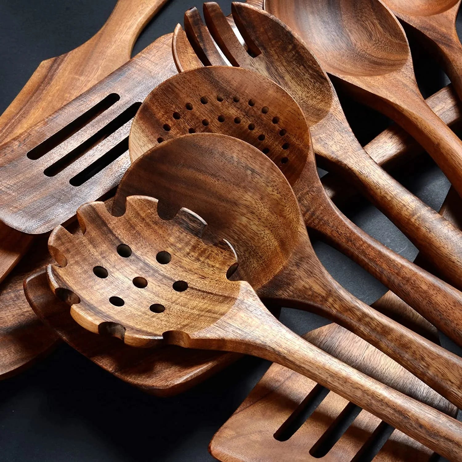Professional Wooden Cooking Utensils Set - 12 Pack Natural Teak Spoons and Spatulas