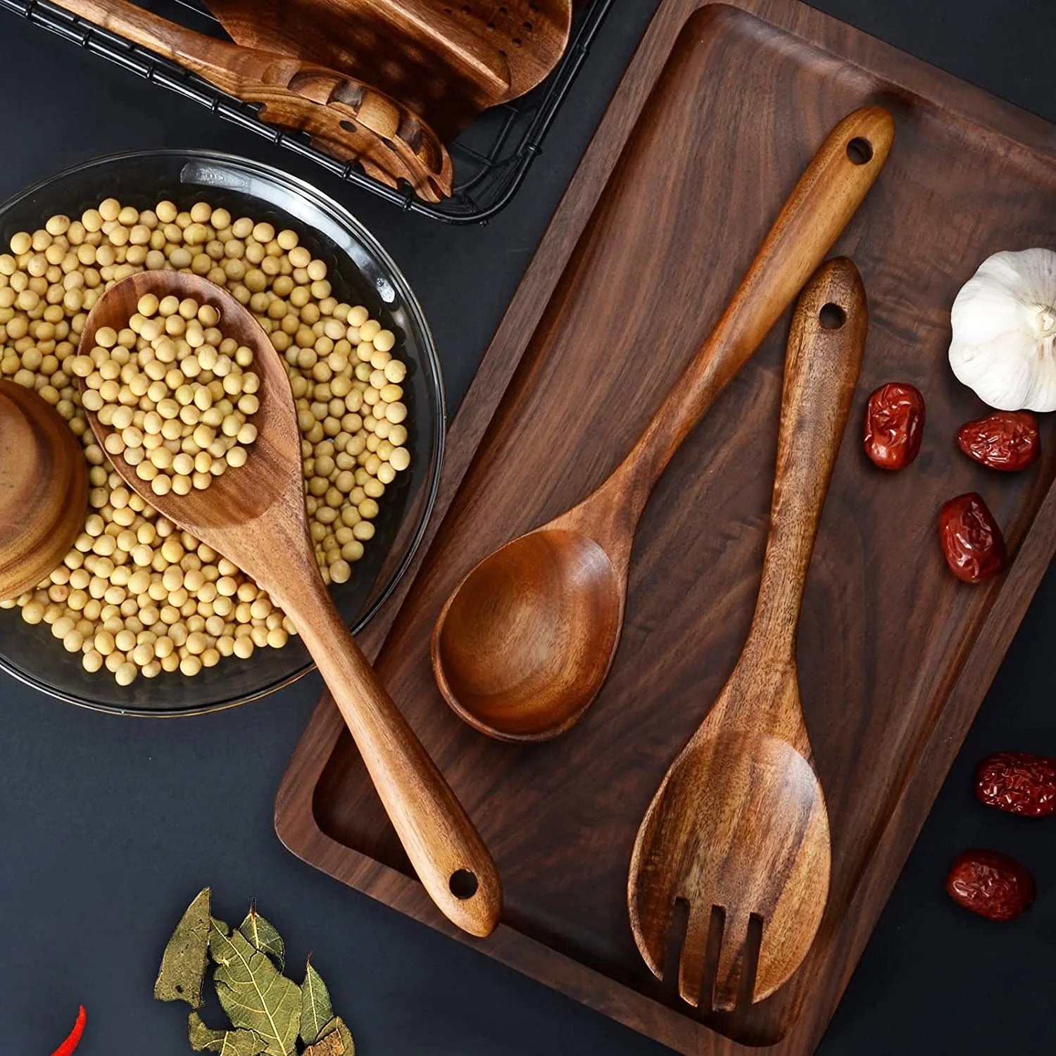 Professional Wooden Cooking Utensils Set - 12 Pack Natural Teak Spoons and Spatulas