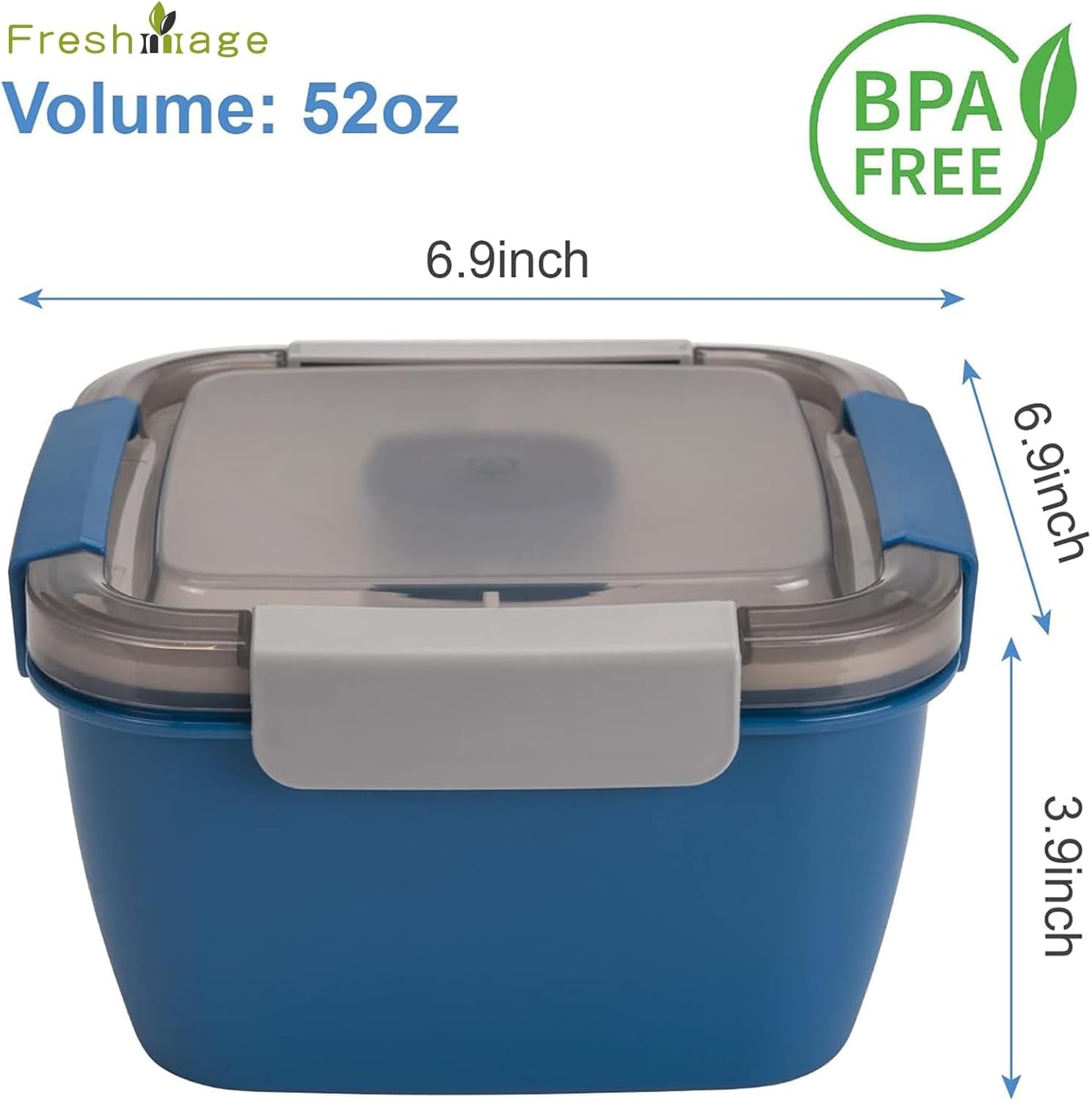 52-Oz Portable Salad Lunch Container with Three Compartments and Dressing Holder, Ideal for Toppings and Snacks, Suitable for Men and Women (Blue)
