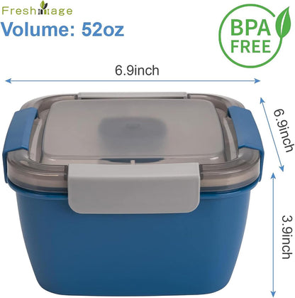 52-Oz Portable Salad Lunch Container with Three Compartments and Dressing Holder, Ideal for Toppings and Snacks, Suitable for Men and Women (Blue)