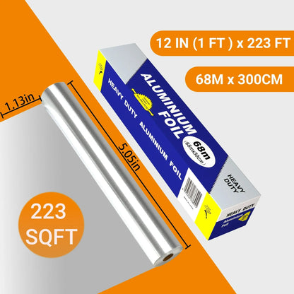 Heavy Duty Non-Stick Aluminum Foil Roll, 223 Sq Ft, 12 Inches Wide with Cutter for Grilling, Cooking, and Catering, Silver